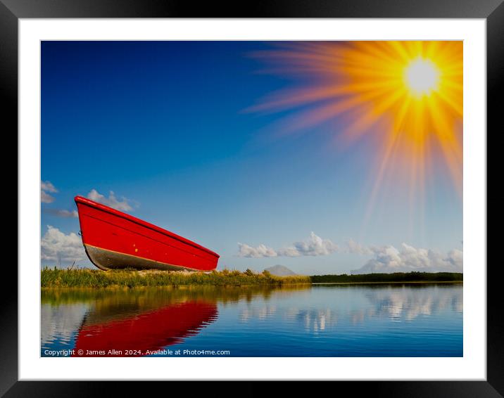 Isolated Boat in Canadian Lake in the sunshine  Framed Mounted Print by James Allen