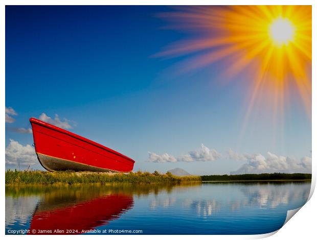 Isolated Boat in Canadian Lake in the sunshine  Print by James Allen