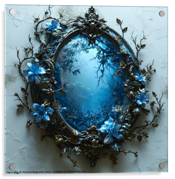 Enchanted Forest Portal Mirror Embellished with Twisted Branches and Golden Blossoms Acrylic by Mirjana Bogicevic