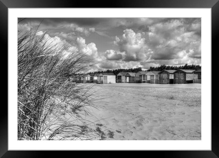 West Wittering beach huts and Dunes Mono Framed Mounted Print by Diana Mower