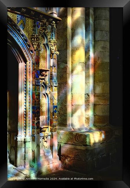 Durham Cathedral, Sunlight through Stained Glass Window Framed Print by Anthony Horrocks