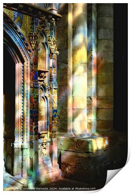 Durham Cathedral, Sunlight through Stained Glass Window Print by Anthony Horrocks