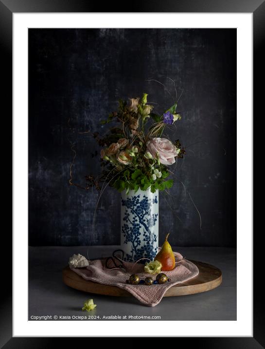 Flower arrangement in vase with pear and seashell Framed Mounted Print by Kasia Ociepa