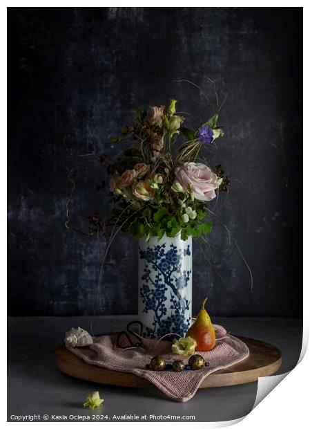 Flower arrangement in vase with pear and seashell Print by Kasia Ociepa