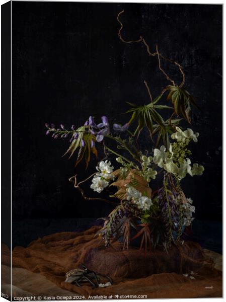 Flower arrangement with Wisteria, Viburnum and Maple leaves Canvas Print by Kasia Ociepa