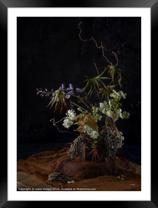 Flower arrangement with Wisteria, Viburnum and Maple leaves Framed Mounted Print by Kasia Ociepa