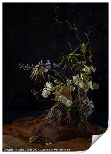 Flower arrangement with Wisteria, Viburnum and Maple leaves Print by Kasia Ociepa