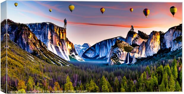 Hot Air Balloon Gala Display over Yosemite National Park At Sunset  Canvas Print by James Allen
