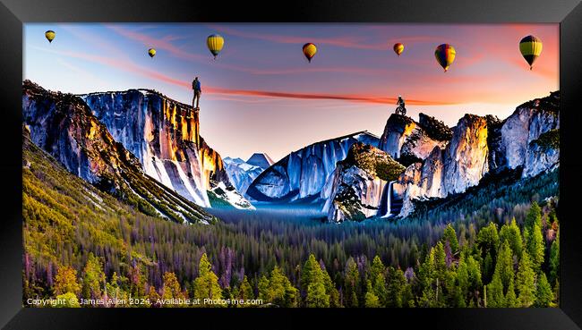 Hot Air Balloon Gala Display over Yosemite National Park At Sunset  Framed Print by James Allen