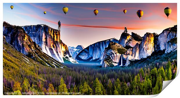 Hot Air Balloon Gala Display over Yosemite National Park At Sunset  Print by James Allen