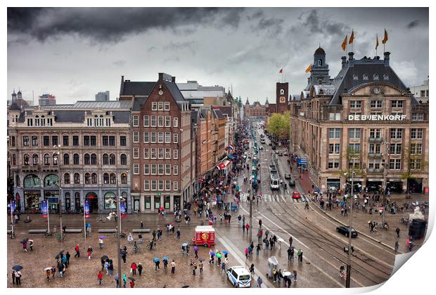 Dam Square and Damrak Street in City Center of Amsterdam Print by Artur Bogacki