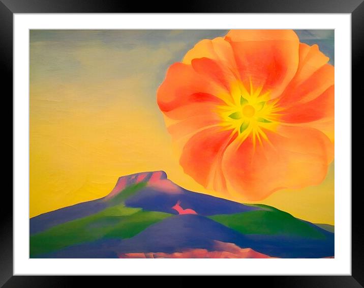 Georgia O'Keeffe - Hollyhock Pink with Pedernal , 1937 Framed Mounted Print by Welliam Store