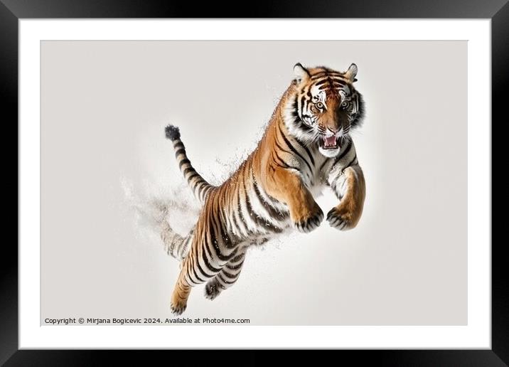 Tiger in jump on white background Framed Mounted Print by Mirjana Bogicevic