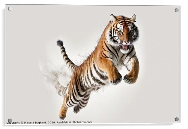 Tiger in jump on white background Acrylic by Mirjana Bogicevic