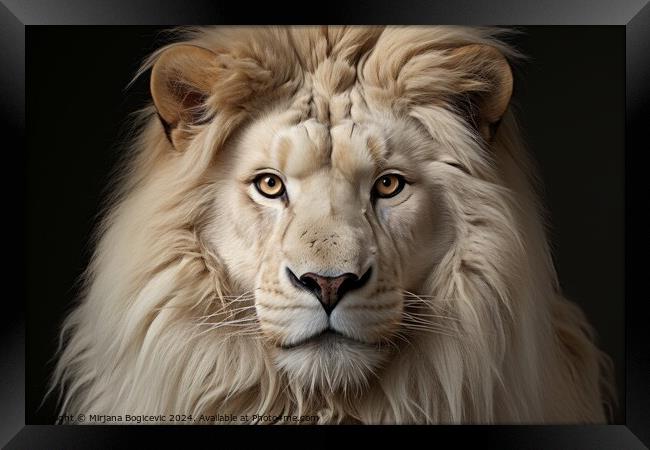 Majestic White Lion Portrait Captured in Intimate Studio Setting Framed Print by Mirjana Bogicevic