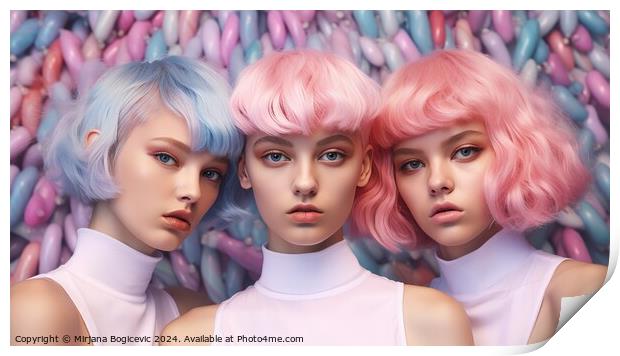 Three modern futuristic short hair young women Print by Mirjana Bogicevic