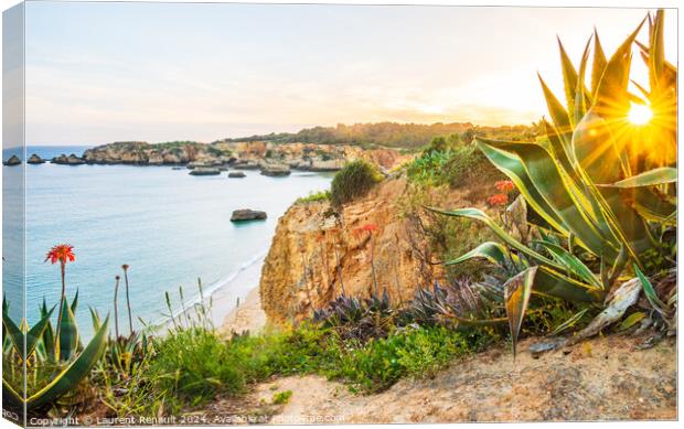 Praia do Alemão overlooked from the rugged flowery coastline  n Canvas Print by Laurent Renault