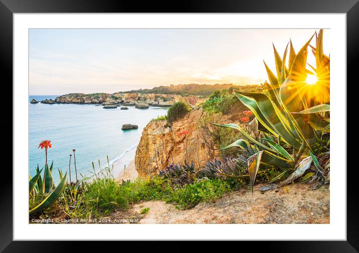 Praia do Alemão overlooked from the rugged flowery coastline  n Framed Mounted Print by Laurent Renault