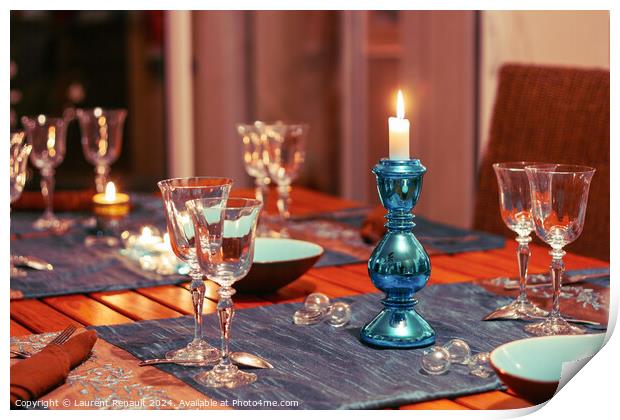 Dining table setting with glasses, decorations and candles Print by Laurent Renault