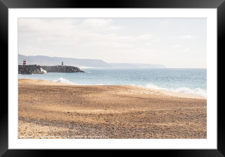 Praia da Nazaré beach with rough sea in Portugal, soft colors Framed Mounted Print by Laurent Renault