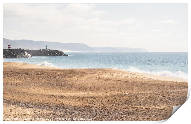 Praia da Nazaré beach with rough sea in Portugal, soft colors Print by Laurent Renault