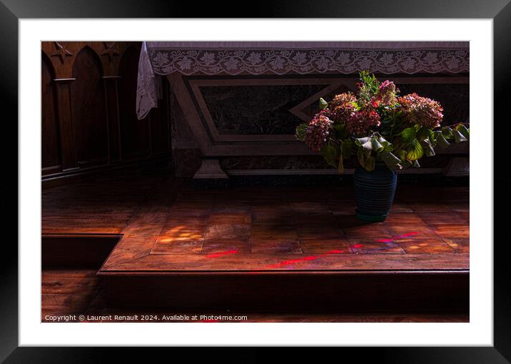 Flowers at the foot of the church altar. Photography taken in Fr Framed Mounted Print by Laurent Renault