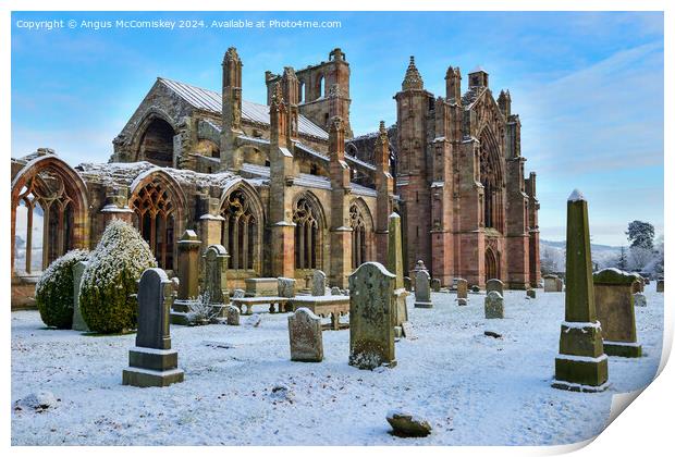 Ruins of Melrose Abbey in snow, Scottish Borders Print by Angus McComiskey