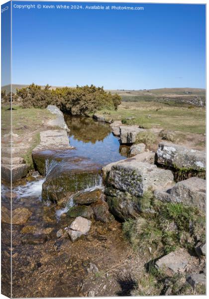 Cascading water at windy post Dartmoor Canvas Print by Kevin White