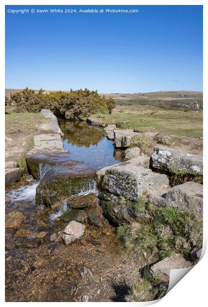 Cascading water at windy post Dartmoor Print by Kevin White