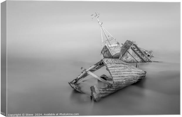Fine Art Black and White View of Dilapidated Boat Wrecks on the River Orwell, Pin Mill, Suffolk Canvas Print by Steve 