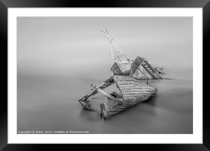 Fine Art Black and White View of Dilapidated Boat Wrecks on the River Orwell, Pin Mill, Suffolk Framed Mounted Print by Steve 
