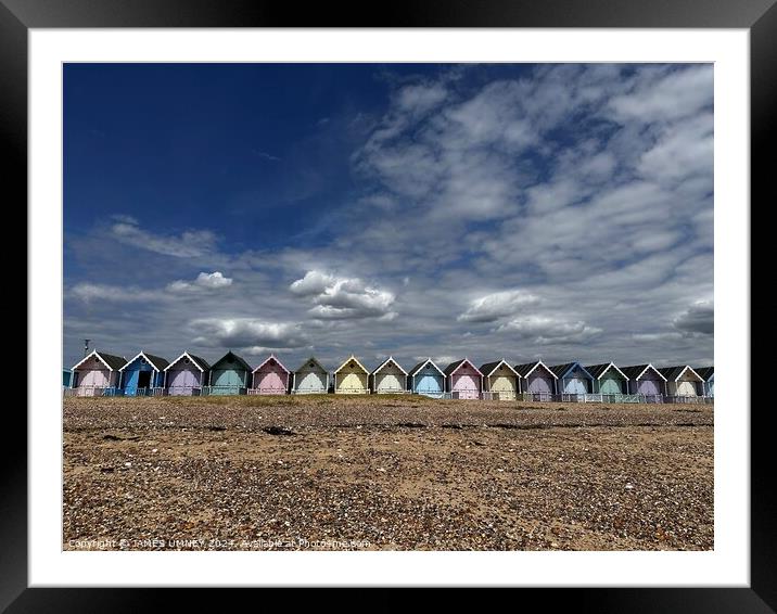 Beach huts in Mersea Framed Mounted Print by JAMES UMNEY