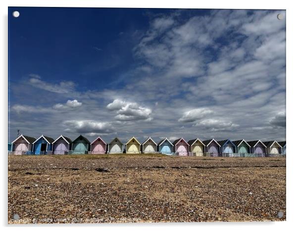 Beach huts in Mersea Acrylic by JAMES UMNEY