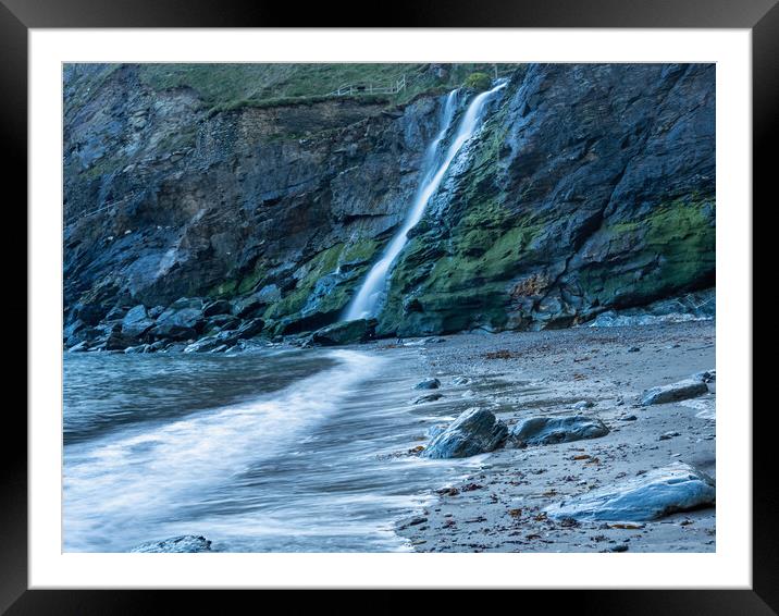 Tintagel beach waterfall Framed Mounted Print by Tony Twyman