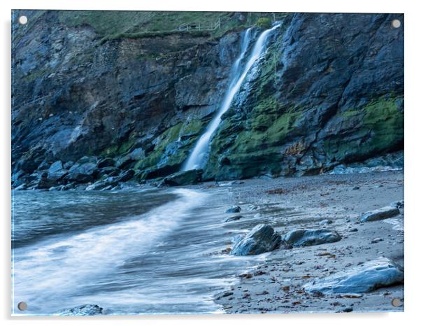 Tintagel beach waterfall Acrylic by Tony Twyman