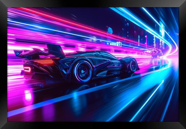 A fast car in a futuristic neon light city. Framed Print by Michael Piepgras