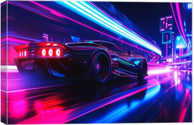 A fast car in a futuristic neon light city. Canvas Print by Michael Piepgras
