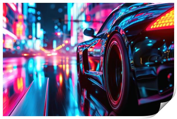 A fast car in a futuristic neon light city. Print by Michael Piepgras