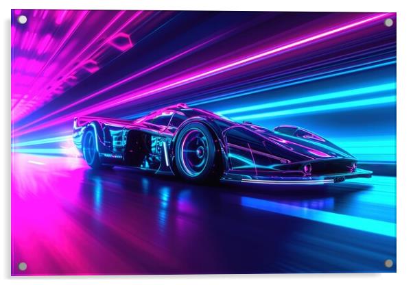 A fast car in a futuristic neon light city. Acrylic by Michael Piepgras