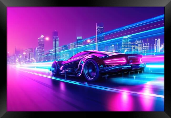 A fast car in a futuristic neon light city. Framed Print by Michael Piepgras