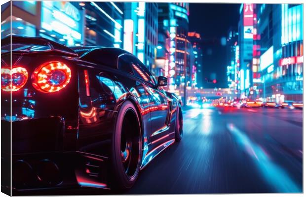 A fast car with glowing headlights driving through a bustling ci Canvas Print by Michael Piepgras