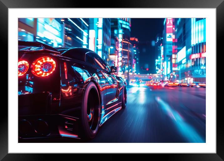 A fast car with glowing headlights driving through a bustling ci Framed Mounted Print by Michael Piepgras