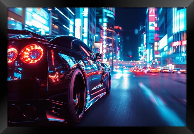 A fast car with glowing headlights driving through a bustling ci Framed Print by Michael Piepgras