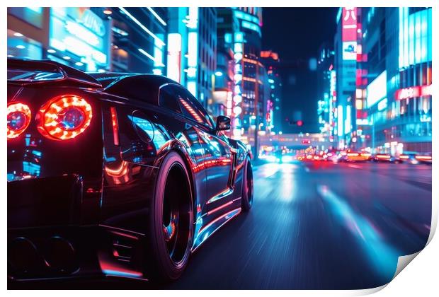 A fast car with glowing headlights driving through a bustling ci Print by Michael Piepgras