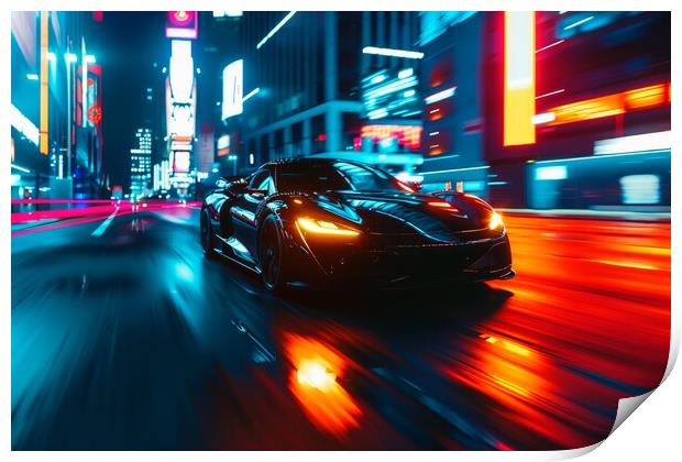 A fast car with glowing headlights driving through a bustling ci Print by Michael Piepgras