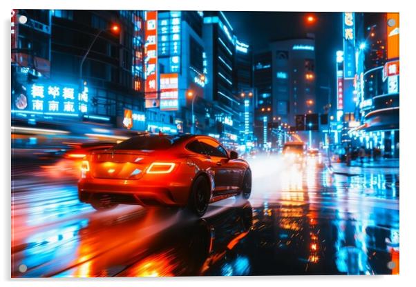 A fast car with glowing headlights driving through a bustling ci Acrylic by Michael Piepgras