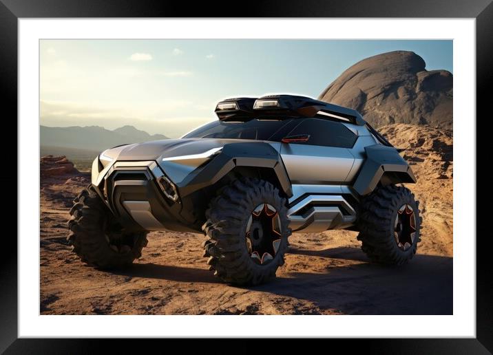 A futuristic sports SUV driving in wild terrain. Framed Mounted Print by Michael Piepgras