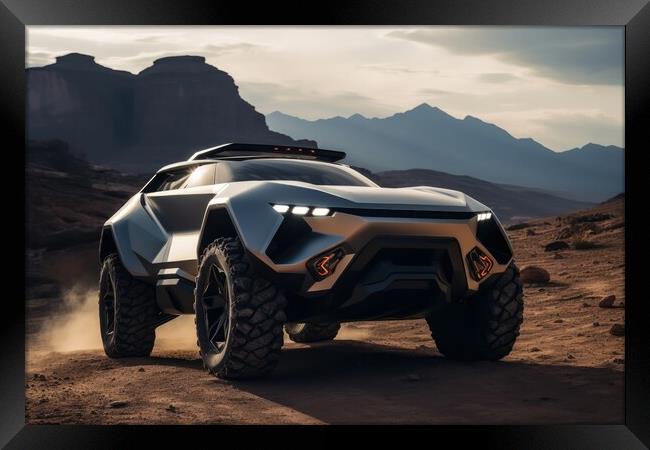 A futuristic sports SUV driving in wild terrain. Framed Print by Michael Piepgras