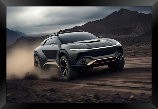 A futuristic sports SUV driving in wild terrain. Framed Print by Michael Piepgras