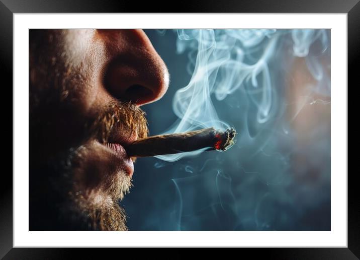 Close up of a man smoking a big weed joint with some cannabis sm Framed Mounted Print by Michael Piepgras